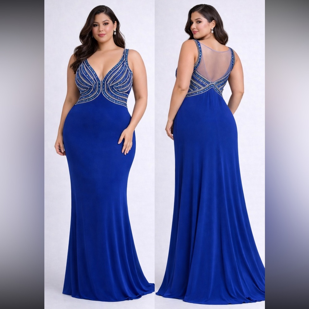 Jovani Royal Blue Beaded V-Neck sleeveless  Evening Gown